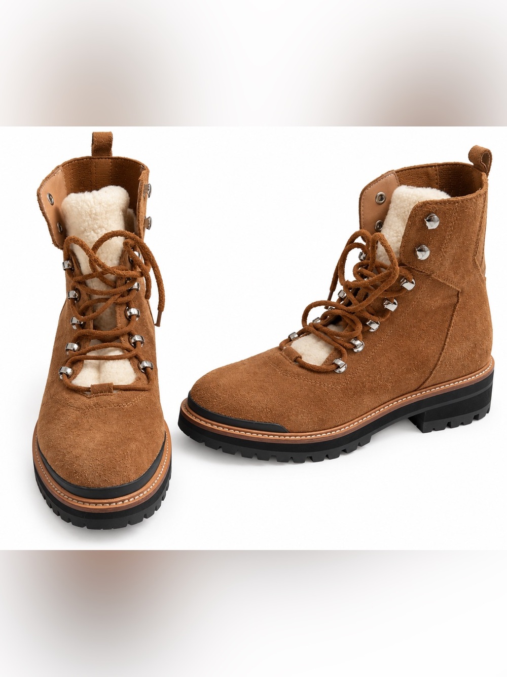 Marc Fisher Brown Suede Lace-Up Shearling Hiker Boots